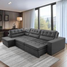 Sofá de Canto Retrátil e Reclinável com Molas 3,00x2,00 Esq Virginia Suede Cinza Adonai Estofados