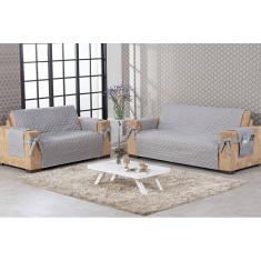 Capa De Sofá 2 E 3 Lugares Cinza Com Porta Objetos Lateral