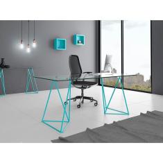 Escrivaninha De Vidro Bela Vista Cavalete Base Ferro Azul Turquesa - Preto