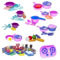 Cozinha infantil panelas fogão mercado completo legumes 73p