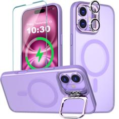 WATEFULL Capa ultra magnética para iPhone MagSafe com anel de suporte de câmera de metal ajustável, resistente, fosco translúcido fino à prova de choque com 1 tela 1 protetor de lente de câmera para