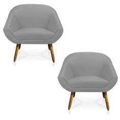 Kit 02 Poltronas Giovana Suede Cinza Pés Palito Castanho - DROSSI