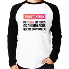 Camiseta Raglan Projeto Verão Manga Longa - Foca na Moda, Branco, Pret
