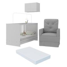 Berço 3 em 1 com Colchão Poltrona e Armário Aéreo 2 Portas Multimóveis Mp4156 Branco/cinza