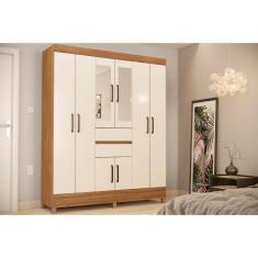 Guarda Roupa Solteiro Munique 8 Portas de Abrir 2 Gavetas MDP com Espelho Amêndola-Off White Demóbile