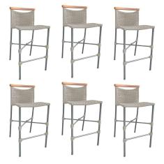 Kit 6 Banquetas Em Corda Náutica Base Em Alumínio Cinza Com Detalhe Em Madeira Areia Bege