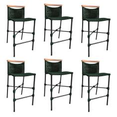 Kit 6 Banquetas Anne em Corda Náutica Base em Alumínio Preta com Detalhe em Madeira Verde Musgo