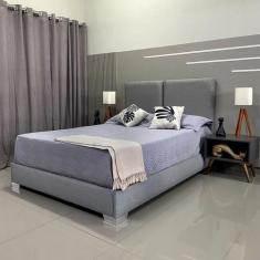 Cama Box Luxo Com Cabeceira Módena Linho RBL, Queen, Linho Cinza