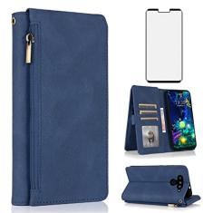 Compatível com LG V50 ThinQ Capa carteira protetora de tela de vidro temperado e capa flip de couro com zíper suporte para cartão acessórios para celular LGV50 5G V 50 Thin Q V50ThinQ 50ThinQ 50V