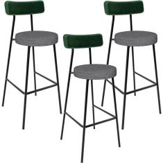 Kit 03 Banquetas Alta Bar Cozinha Sala Jantar Milão L02 Facto Verde Linho Cinza Escuro