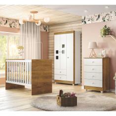 Quarto de Bebê com Berço, Cômoda Soft e Guarda Roupa 3 Portas Life Tigus Baby Branco/Ypê