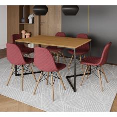 Mesa Industrial Retangular Base V Aço Preto 137x90cm Canela 6 Cadeiras Madeira Estofadas Vermelho