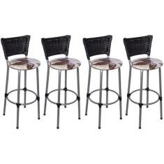 Kit 4 Banquetas Altas Prata com Encosto Junco Preto Assento Floral Mar