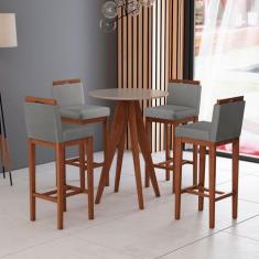 Kit 4 Banquetas Alta + Mesa Bar Gourmet  Madeira Maciça Suede Cinza CC