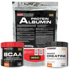 Kit Albumin Protein Chocolate 500g + Power Creatina Tangerina 100g + BCAA 4,5 Tangerina 100g - Bodybuilders