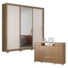 Cômoda London e Guarda Roupa Casal Residence Amêndola Off White com Pés - Demóbile