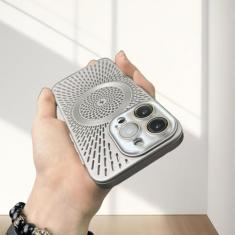 Capa de telefone de malha de dissipação de calor respirável 12 13 14 15 pro max capa de telefone de carregamento sem fio magnético, cinza, para iphone 14 promax