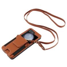 Para Samsung Galaxy Z Flip 5 4 3 Flip5 Flip4 Flip3 Capa de telefone crossbody com suporte para cartões de proteção de dobradiça Capa de couro, marrom, para Galaxy Z Flip5
