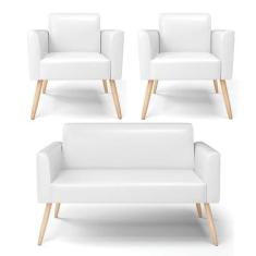 Sofá Namoradeira Com 2 Poltronas Pés Palito Natural Marisa Corano Bran