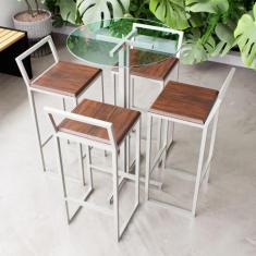 Conjunto Mesa Alta Bar Bistrô Redonda Vidro 4 Banquetas Confort Imbuia