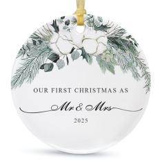 Enfeite de casamento de primeiro Natal 2025, primeiro ano como Sr. e Sra. Enfeite de pendurar de Natal para casais