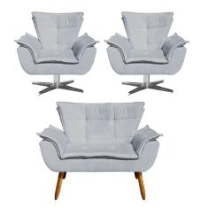 Kit Namoradeira E 2 Poltronas Giratórias Cromada Opla Suede Cinza - Ibiza
