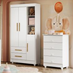 Quarto De Bebê Guarda Roupa 3 Portas E Cômoda 100% Mdf Nina  Branco