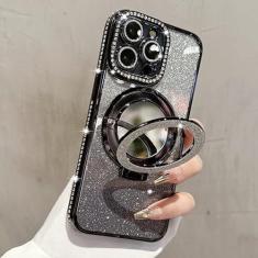 ZXDK Capa de diamante com glitter com suporte espelhado para iPhone 15 14 13 12 Pro Max, suporte magnético, protetor de lente de câmera compatível com Magsafe, capa Rhinesetone Bing (preta, para