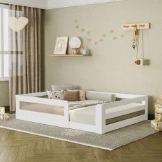 Cama Montessoriana Infantil Space Casal com Rattan e Grade de Segurança em Mdp Casatema
