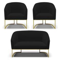 Namoradeira E 2 Poltronas Base Industrial Dourado Stella Linho D03 - D`rossi Cor A79 Preto