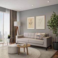 Sofá 3 Lugares Joy Base de Madeira Linho Cotton Cru 210 cm