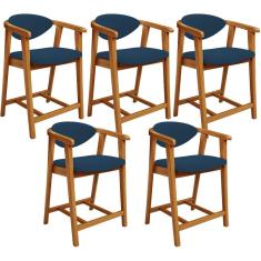 Kit 5 Banquetas Baixa Cecília L02 Moderno Madeira Eucalipto Assento Estofado Azul Marinho Lyam Decor