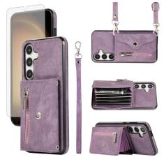 Capa de telefone para Samsung Galaxy S24 5G capa carteira e protetor de tela de vidro temperado com alça transversal de pulso cordão suporte para cartão de crédito acessórios de celular S 24 24S GS24