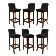 Kit 6 Banquetas Alta para Ilha de Cozinha Nice Madeira Castanho Matelassê Suede Preto CCS