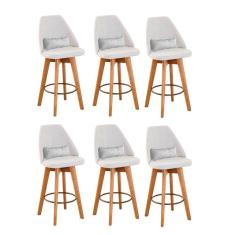 Kit 06 Banquetas Alta Maya Giratória Com Encosto Gourmet Linho Bege e Almofada Suede Branco - Aurora Line