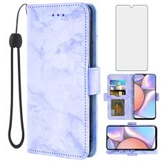 Asuwish Compatível com capa para Samsung Galaxy A10s e protetor de tela de vidro temperado, acessórios para celular, porta-cartões, suporte para suporte, carteira de mármore híbrida, capas de telefone
