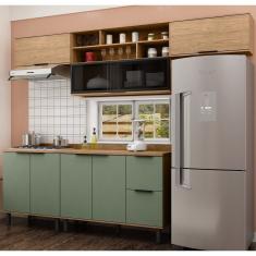 Cozinha Modulada Toscana Em Mdf 5 Peças Com Aéreo 1200 Porta De Vidro E Aéreo Geladeira Com Tampo Freijó-jade