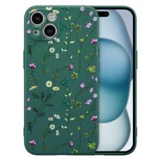 RALEAVO Capa floral para iPhone 15, capa de silicone líquido com lindo padrão de ramo de flores para meninas e mulheres, capa protetora de borracha macia fina para iPhone 15 (6,1 polegadas), verde