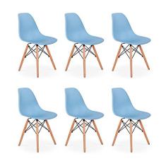Conjunto 6 Cadeiras Charles Eames Eiffel Wood Base Madeira - Azul Claro