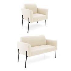 Sofá Namoradeira E Poltrona Pé De Ferro Preto Marisa Veludo Bege D03 - D`rossi