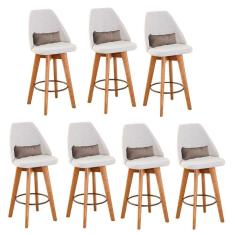 Kit 07 Banquetas Alta Maya Giratória Com Encosto Gourmet Linho Bege e Almofada Suede Bege - Aurora Line