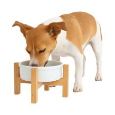 Comedouro Individual 2 Alturas de Madeira Porcelana Cachorro e Gatos -