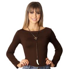 Blusa Feminina Manga Longa Marrom  Decote Canoa