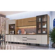 Cozinha Modulada 10 Peças Tampo Aéreo 3 Portas Balcão, Paneleiro Plátano Quiditá Montana/Fumê