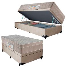 Cama Box Baú Suede Solteiro + Colchão SerenePrime Molas Ensacadas 88x188x69 Bege