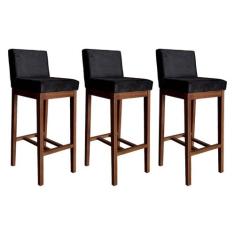 Kit 3 Banquetas Estofadas Alta Lisboa 100 Cm Madeira Maciça Suede Pret