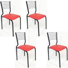 Kit 4 Cadeiras Empilhável de Cozinha Cor Preta Assento Vermelho Pé em tubo 20x20 - Poltronas do Sul