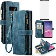 Asuwish Capa de telefone para Samsung Galaxy S10 Plus capa carteira e protetor de tela de vidro temperado couro flip porta-cartão de crédito celular Glaxay S10+ Galaxies S10plus 10S Edge S 10 10 plus