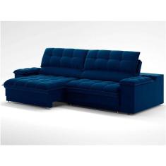 sofá 3 lugares retrátil e reclinável helen com usb e porta-copos veludo azul marinho 210 cm