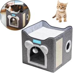 Cama Casa Para Gatos Com 2 Andares Dobrável Arranhador Cinza